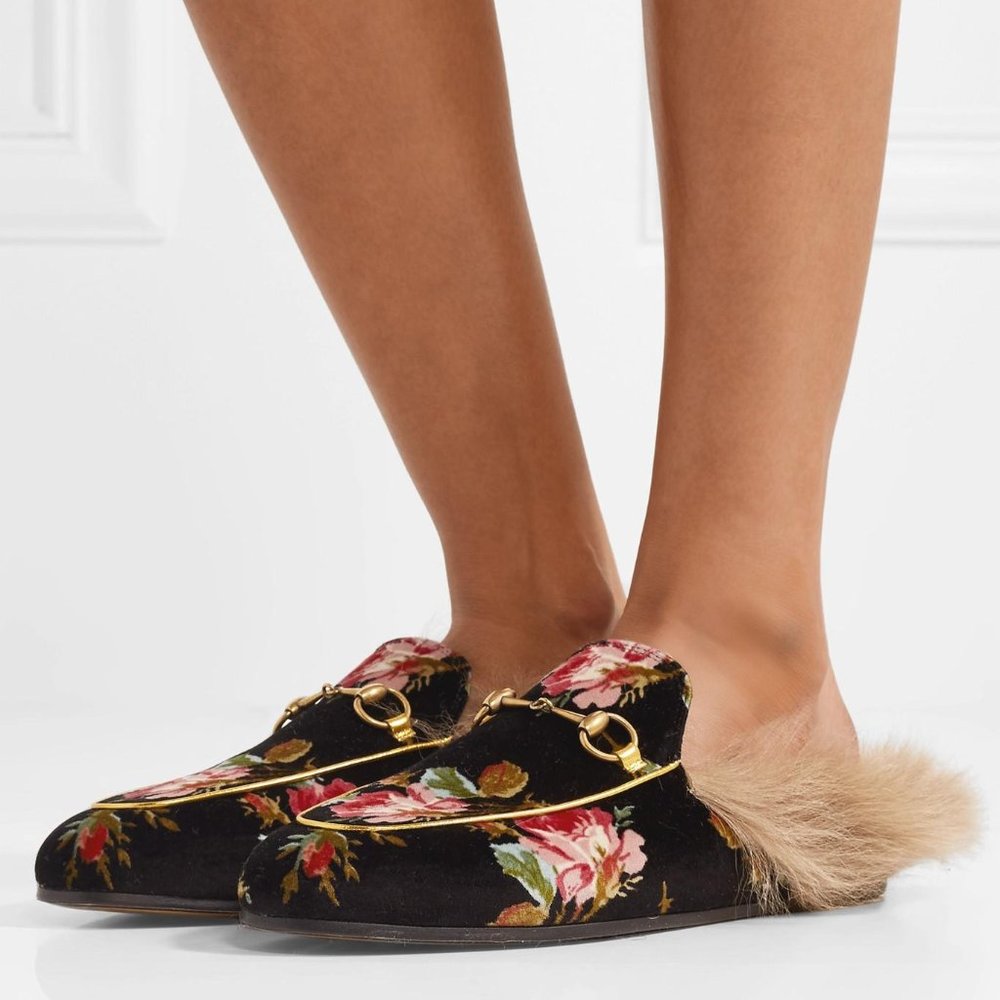 NIB Gucci Princetown Shearling Mule in Black Velvet Floral, size 42